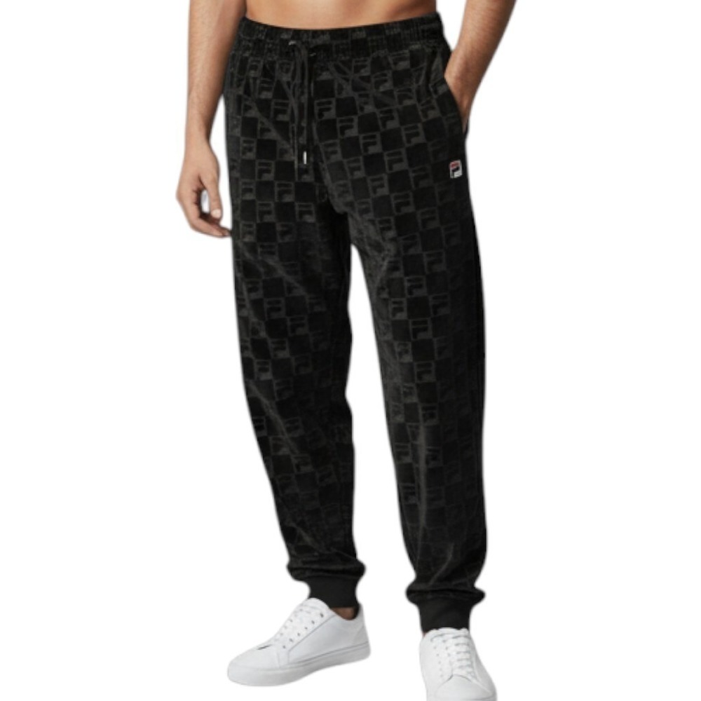 NWT FILA Jacquard Velour Trackpants Men's L Black Logo Pattern Sweatpants Pants